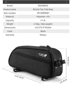 ROCKBROS Bicycle Top Tube Bag 1.3L Mountain Road Bike Frame Bag Reflective
