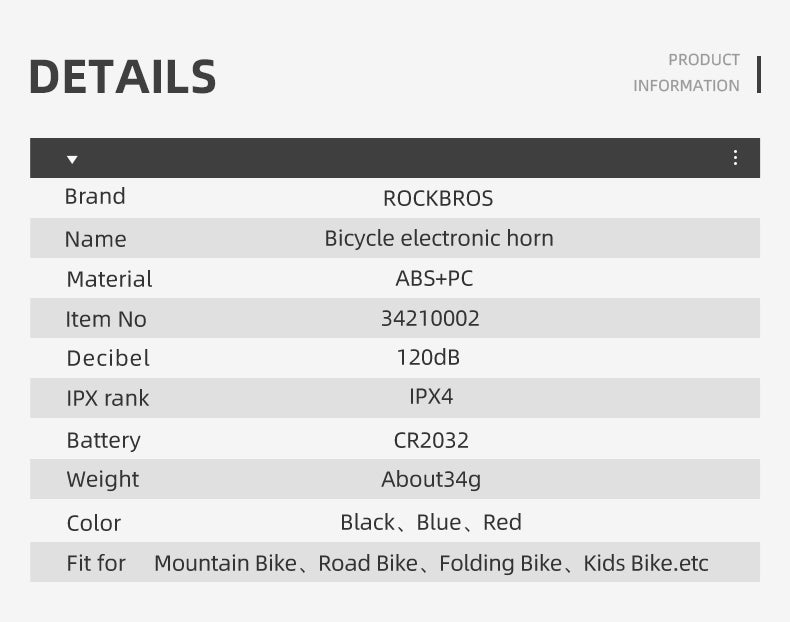 ROCKBROS Bicycle Bike Electronic Horn 120dB Cycling Bell Alarm Ring Waterproof