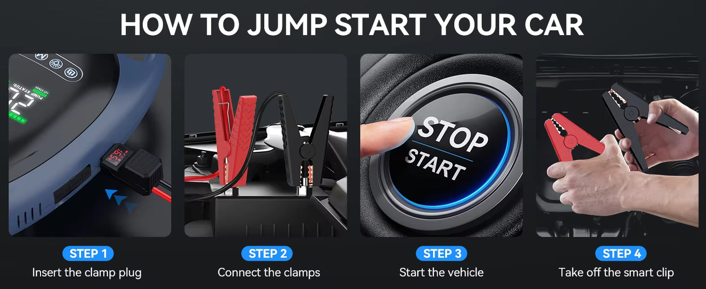 Step-by-step guide on how to jump start a car with visual instructions.