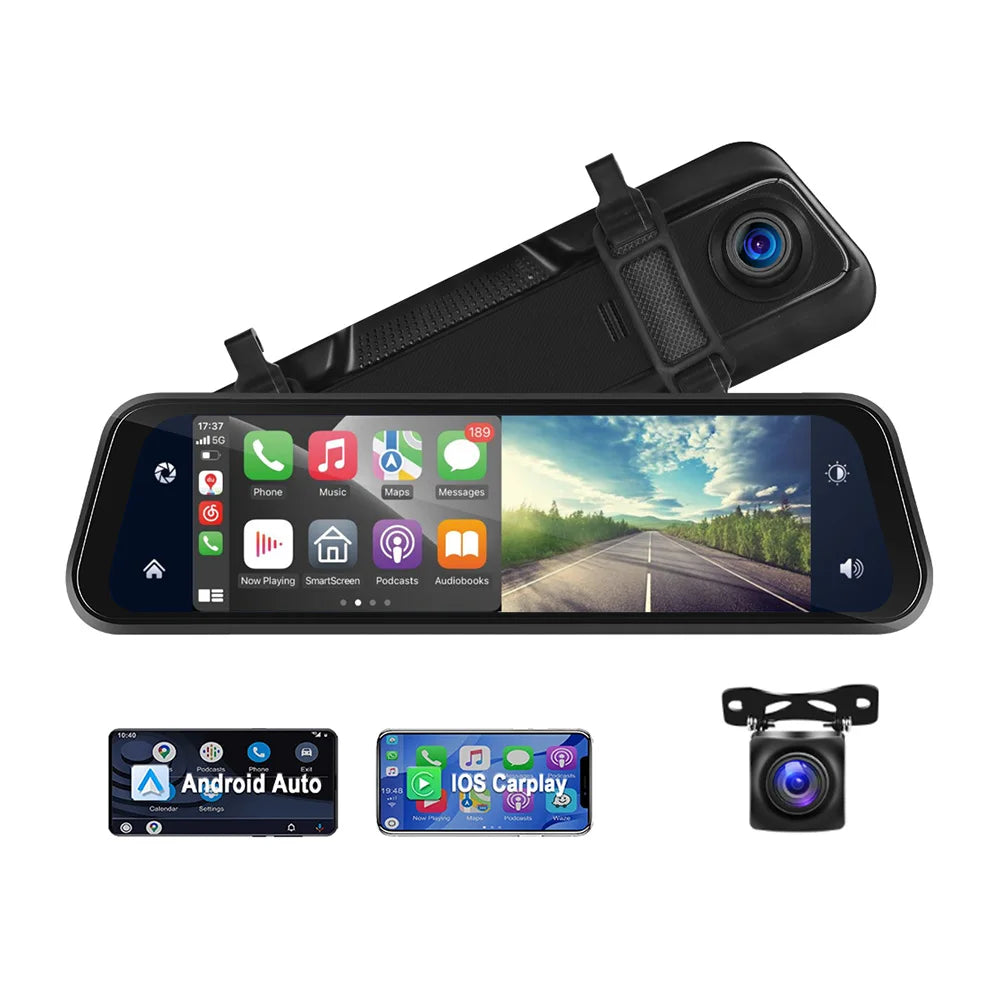 Rear View mirror Dash Camera with Android Auto/Carplay/Mirrorlink.
