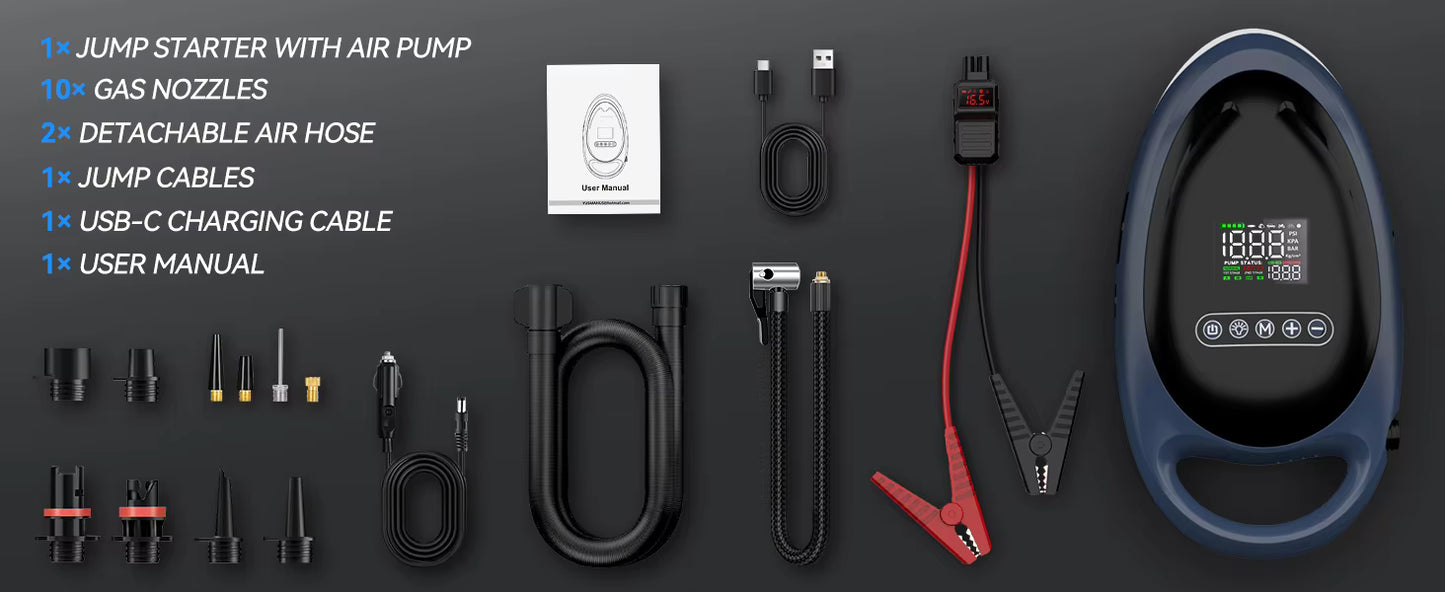 6 in 1 jump starter, pump, light and power bank